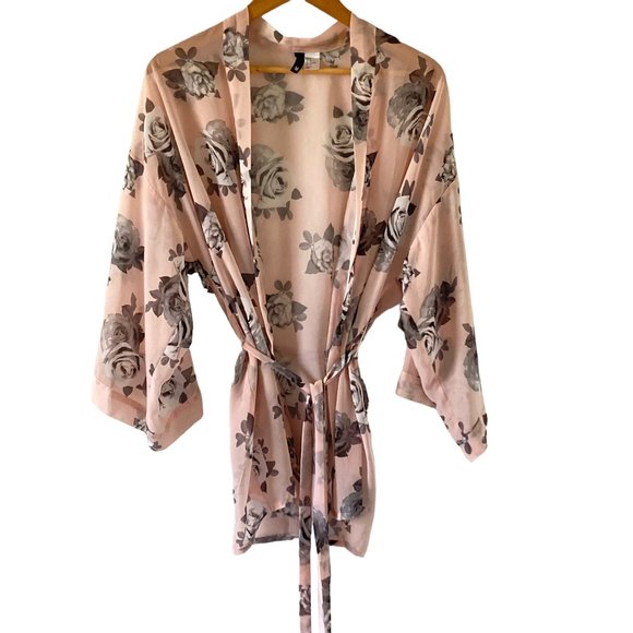 H&M Tops - H&M Divided Women’s Baby Pink Grey Floral Chiffon Feel Kimono Top UK Size M